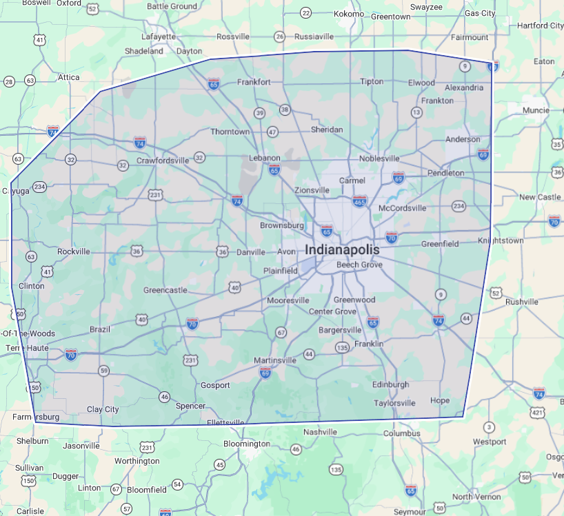 Map showing the garage door service area covering Indianapolis and surrounding Central Indiana communities